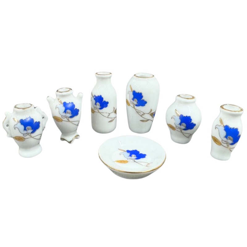Dolls House Vase & Bowl Set Royal Blue Gold Floral Design Ornament Accessory