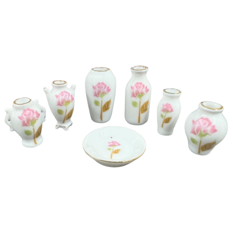 Dolls House Vase & Plate Set Pink Rose Design Ornaments Porcelain Accessory
