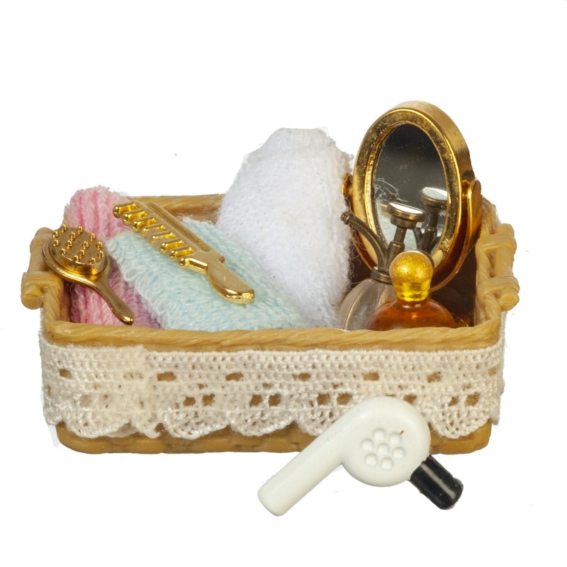 Dolls House Vanity Set in Basket Hair Dryer etc Bathroom Bedroom Accessory 1:12