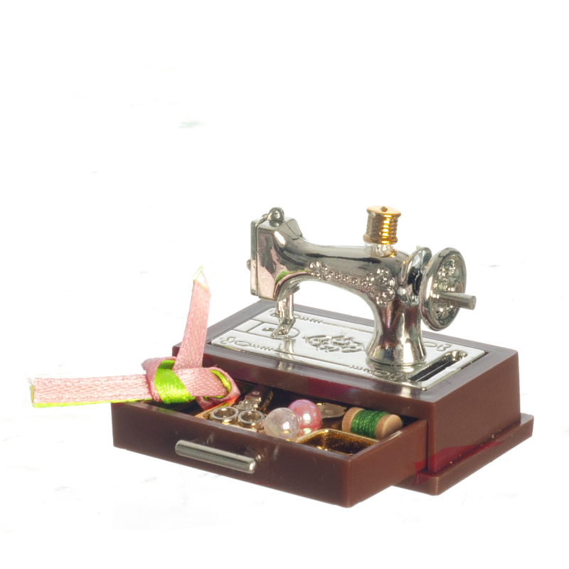 Dolls House Silver Sewing Machine Mounted with Drawer & Accessory Set