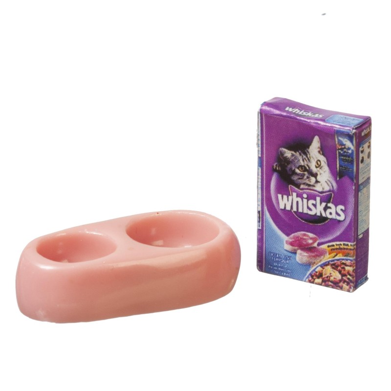 Dolls House Cat Food & Twin Bowl Water Dish Pink Miniature Pet Accessory 1:12