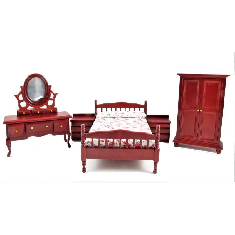 Mahogany Double Bedroom Furniture Set with Spindle Bed Frame Dolls House