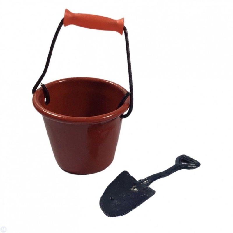 Dolls House Red Tin Bucket & Shovel Spade Miniature Garden Kitchen Accessory