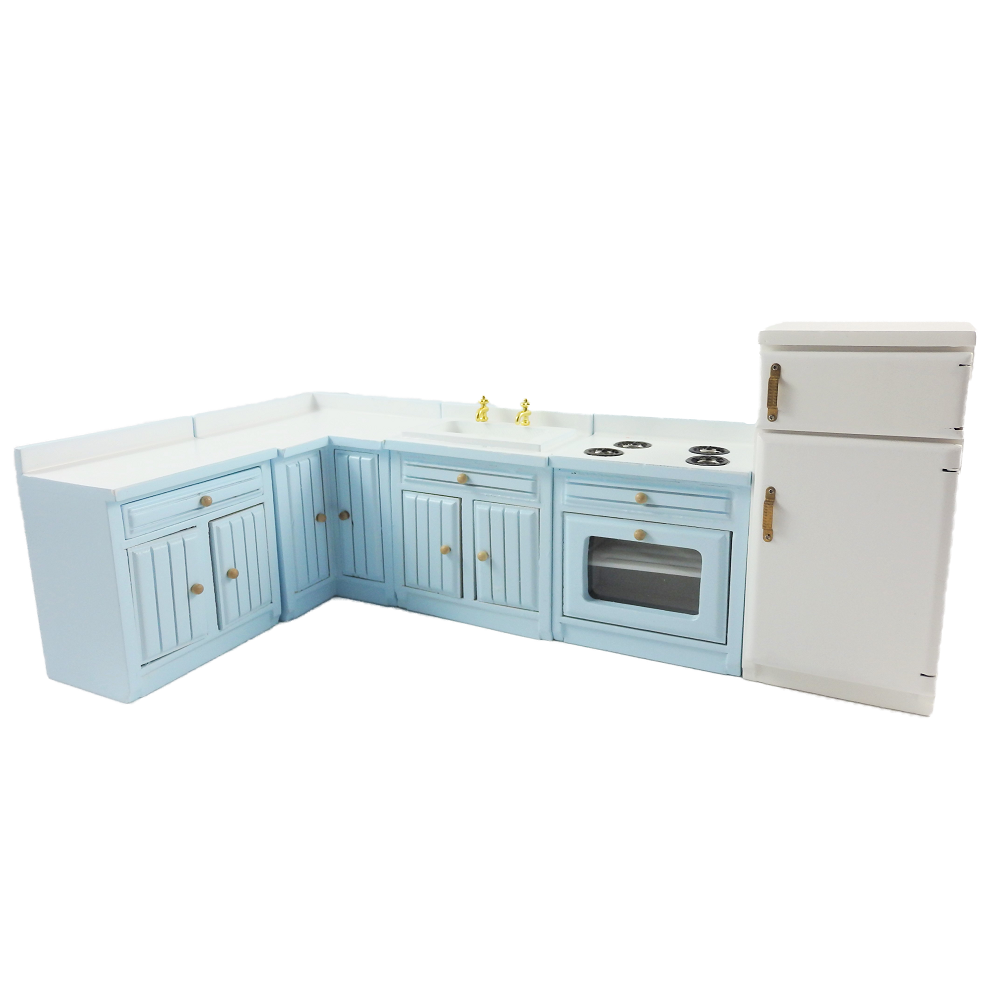 Dolls House Pale Blue Fitted Kitchen Furniture Set Miniature Units