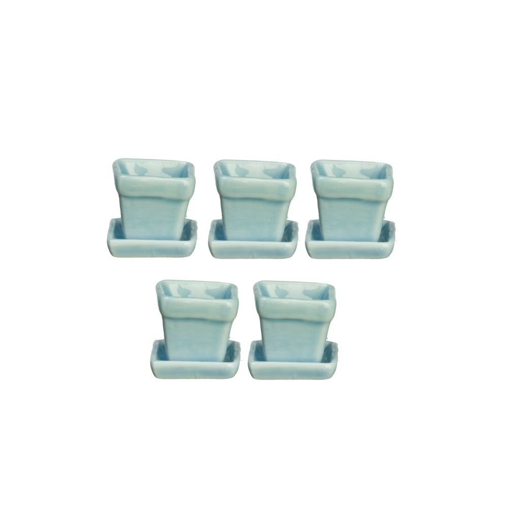 Dolls House 5 Blue Square Plant Pots With Saucers Miniature Garden