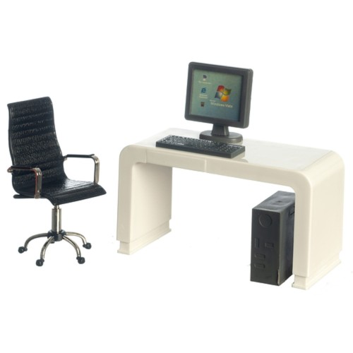 Dolls House White Computer Desk & Black Swivel Chair Modern Office ...